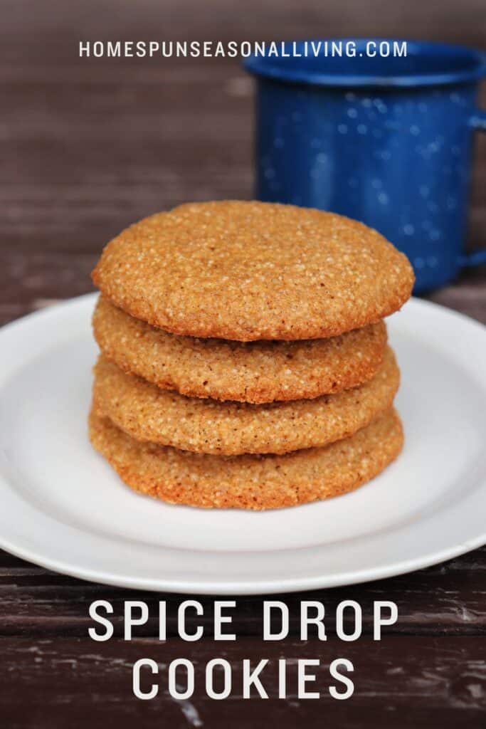 A stack of 4 cookies on a plate with a blue cup in the background. Text overlay reads: Spice Drop Cookies.