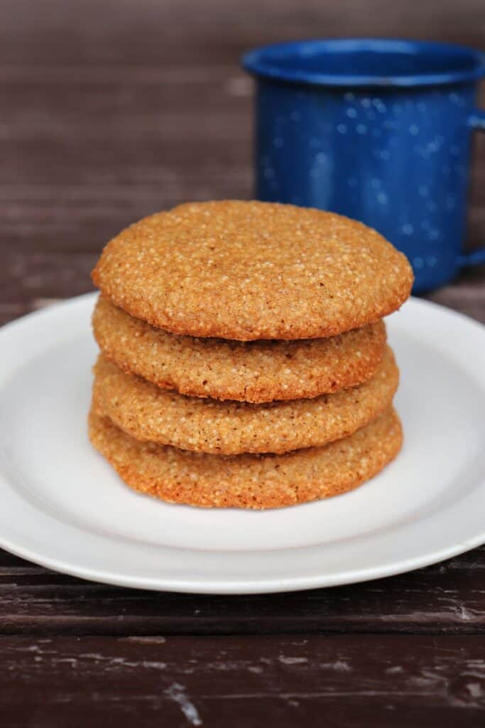 A stack of cookies sit on a white plate on a table with a blue tin cup in the background.