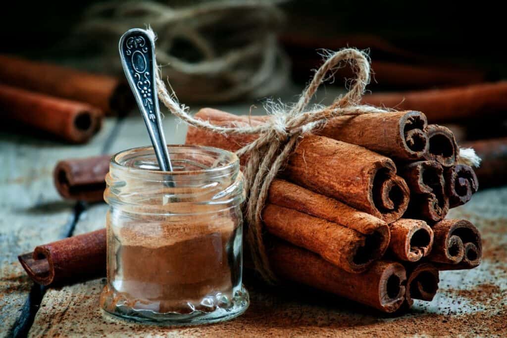 A small open jar of ground cinnamon with a spoon sticking out of it sits next to a bundle of cinnamon sticks tied togehter with rope.