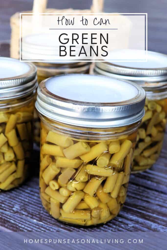 Glass jars full of green beans sit on a table. Text overlay reads: How to Can Green Beans. 