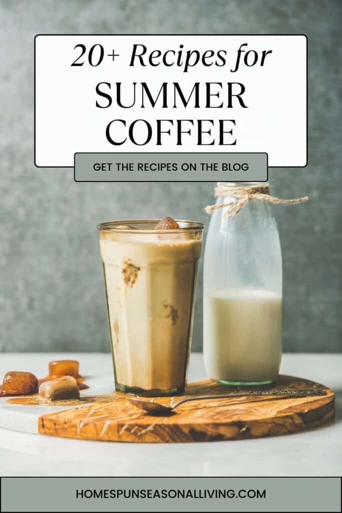A glass of iced coffee sits on a table with a bottle of milk behind it. Text overlay read 20+ Recipes for Summer Coffee.