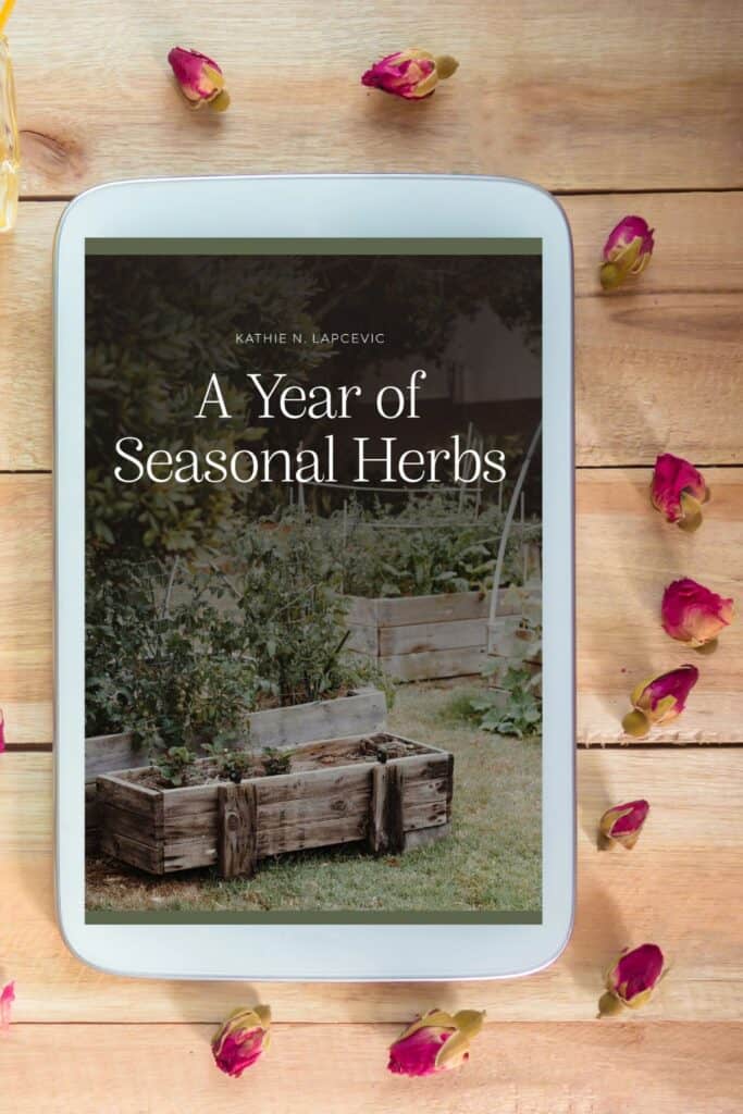An ereader show the cover of the bok, "A Year of Seasonal Herbs" sits on a table surrounded by dried rose buds. 