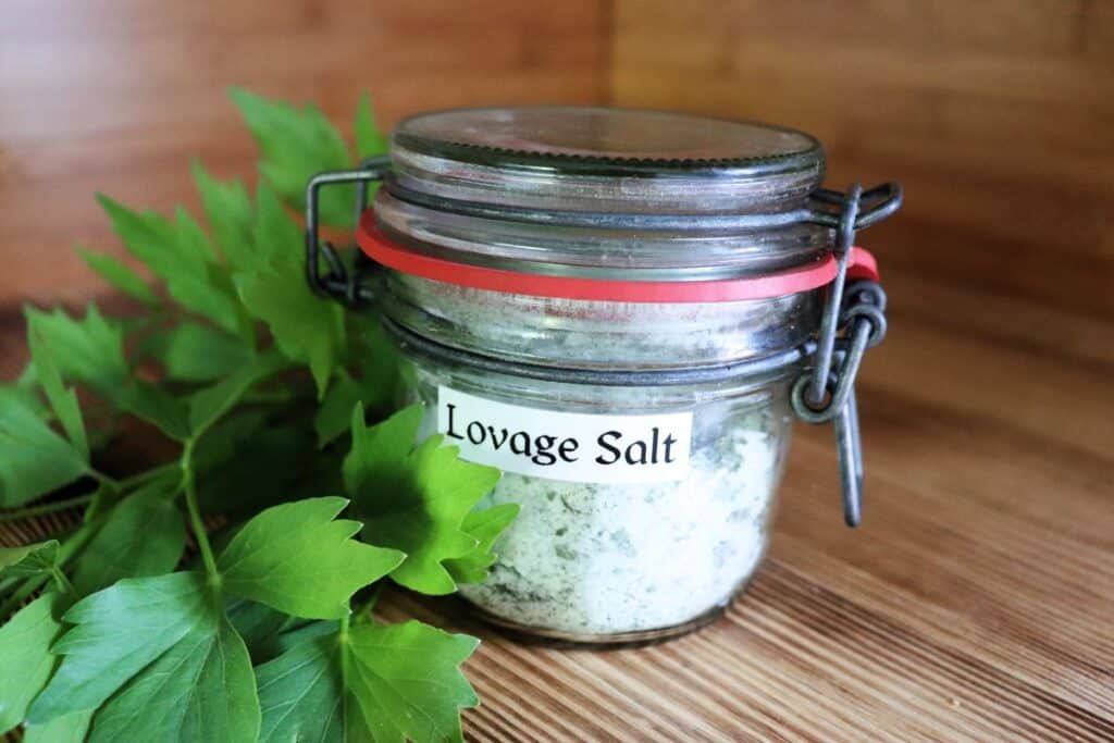 A closed jar labeled 'lovage salt' sits on a table next to fresh lovage leaves.