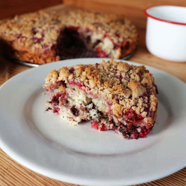 A slice of raspberry coffee cake with streusel topping and chocolate chips sits on a white plate. The remaining cake and a coffee cup are in the background.