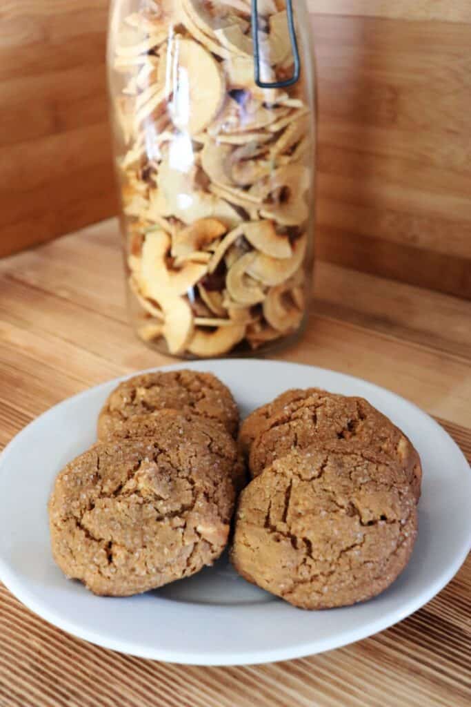 Molasses ginger cookies with bits of dried apples showing sit on a white plate. A jar of dried apple rings sits behind the plate.