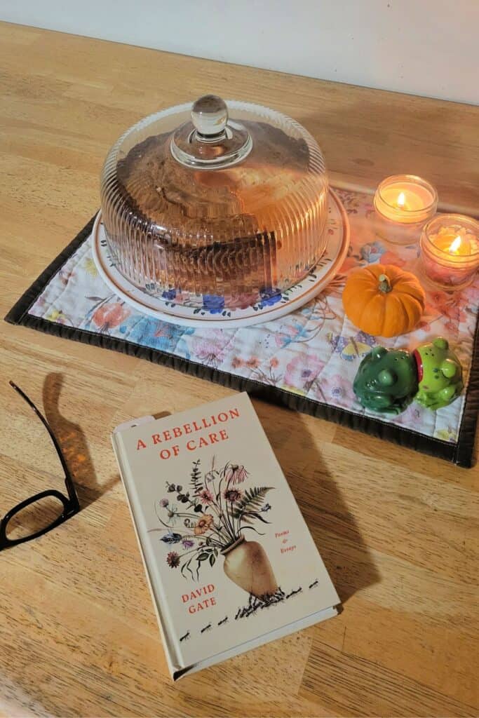 The book, "A Rebellion of Care" sits on a table in front of a cloth that has lit candles and a cake under a glass dome. 