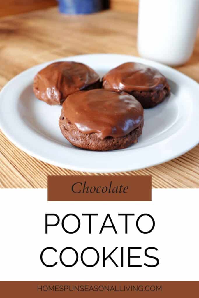 Three frosted chocolate cookies sit on a plate with a glass of milk behind it. A text overlay reads: Chocolate Potato Cookies.