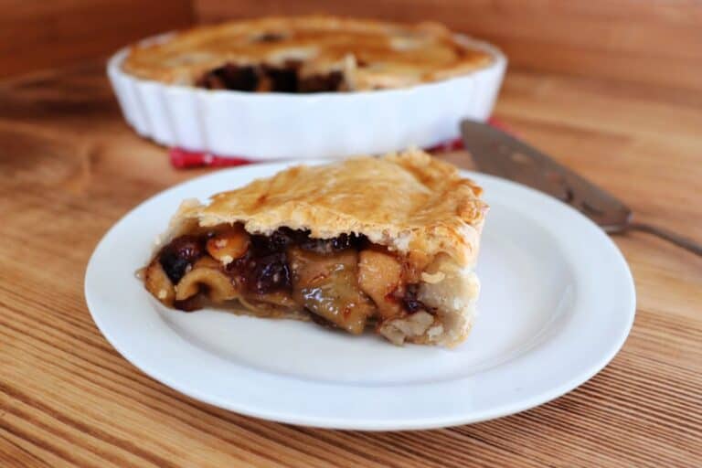 A slice of pie full of dried apples and raisins sits on a plate. The remaining pie can be seen in the background.