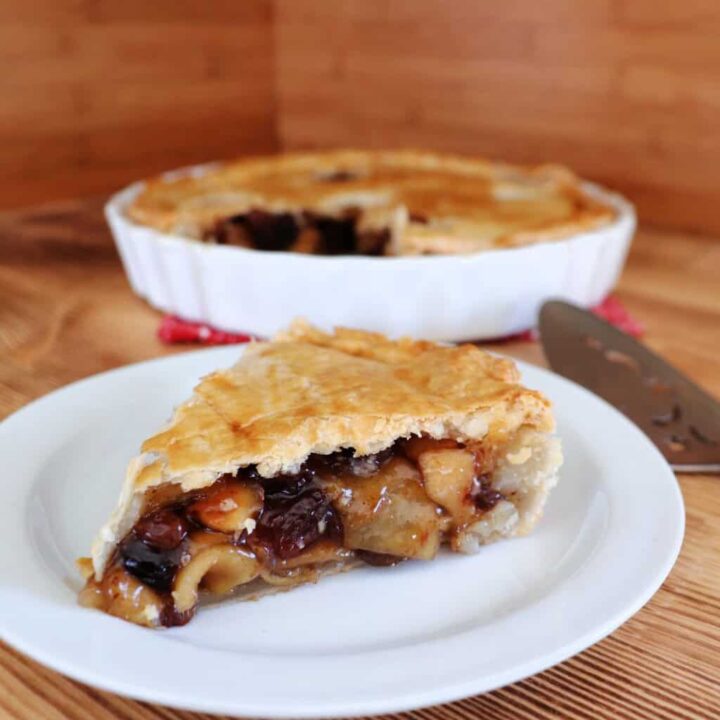 A slice of pie full of dried apples and raisins sits on a plate. The remaining pie can be seen in the background.